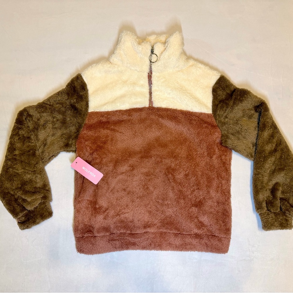 Womens Winter Thick Oversized Fleece Stitching Fluffy Sweater Sweatshirts